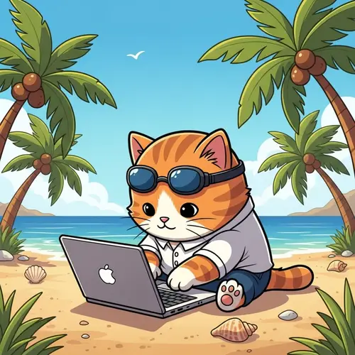 Adorable Cartoon Cat Working on Laptop at Sunny Beach