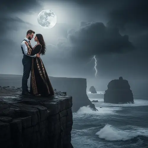 Passionate Lovers Embrace at Cliff Edge Under Moonlight