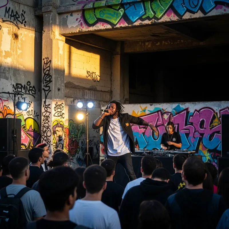 Urban Rap Concert: Vibrant Graffiti, Energetic Artist, Diverse Crowd