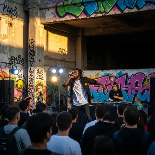Urban Dusk Scene: Colorful Graffiti, Energetic Rapper, Diverse Crowd