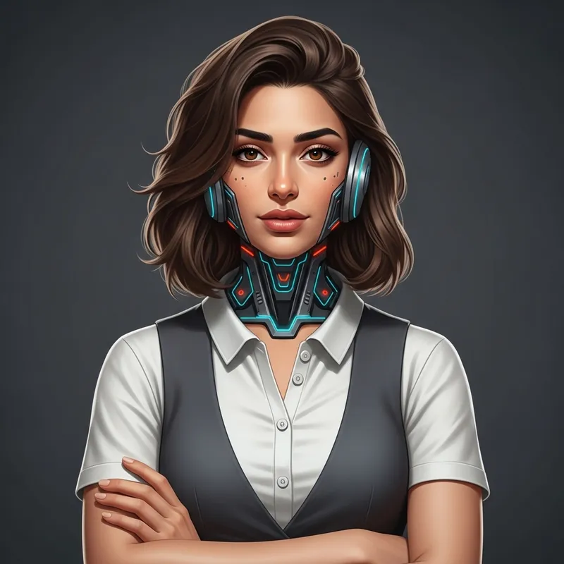 Futuristic AI Cyberpunk Girl in Smart White T-Shirt and Grey Vest