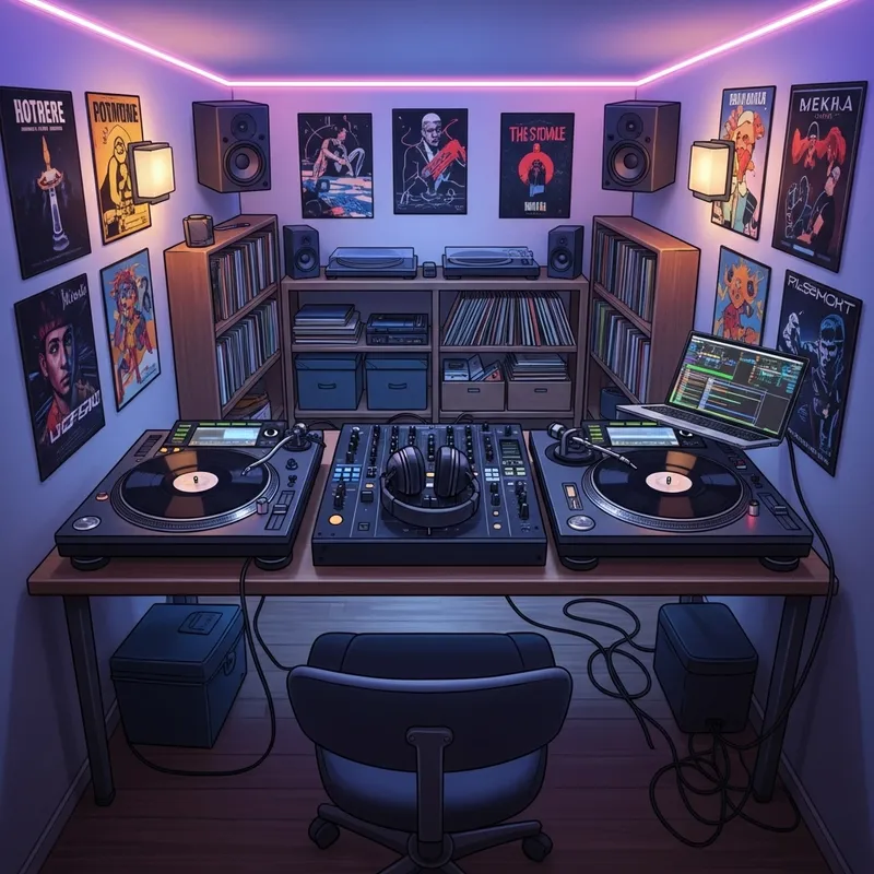 Cozy DJ Studio Interior | Mixer, Turntables, Vinyl Records