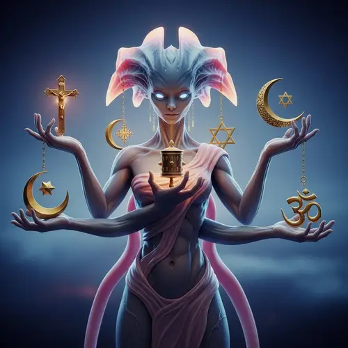 Ethereal Otherworldly Creature with Global Religious Artifacts