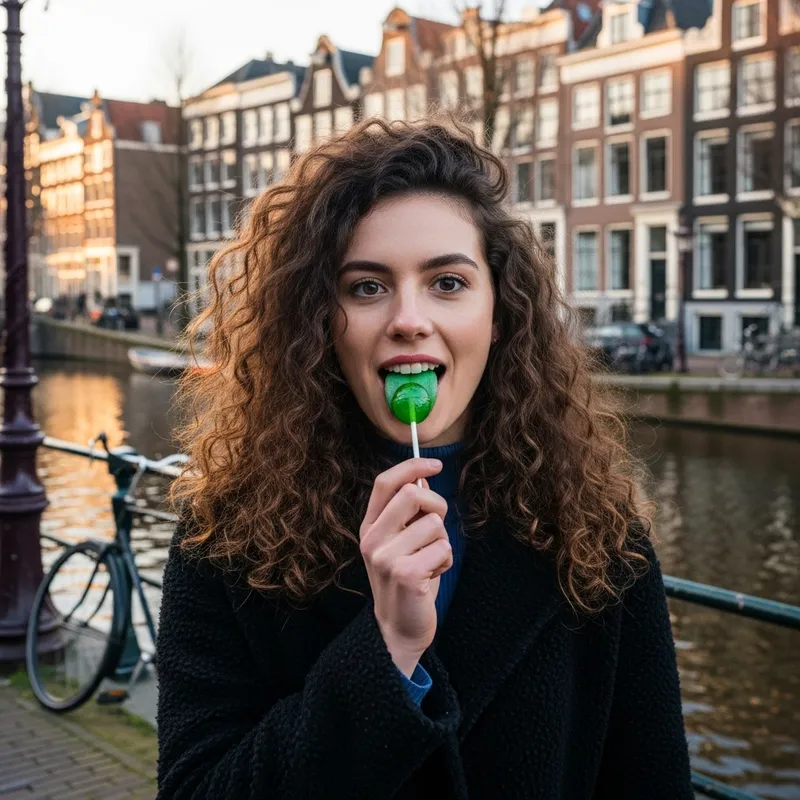 Young Woman with Curly Hair and Green Lollipop in Amsterdam