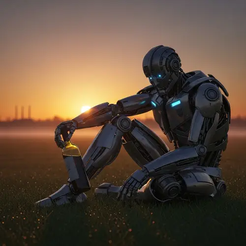 Melancholic Transformer-Like Character Enjoying Wine on Grassy Field