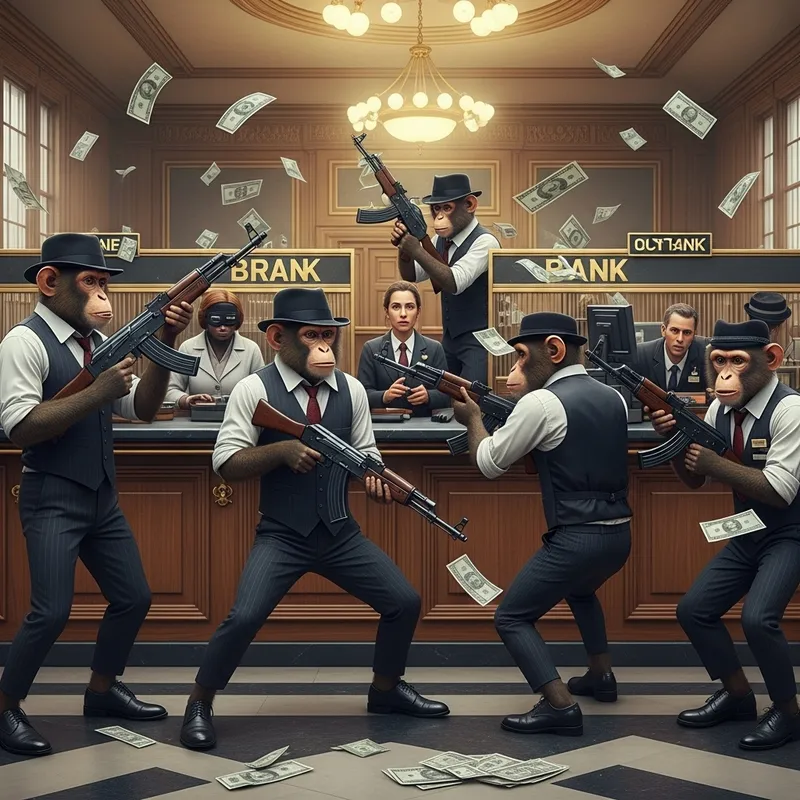 Elegant Monkeys with AK-47s in Bank Heist