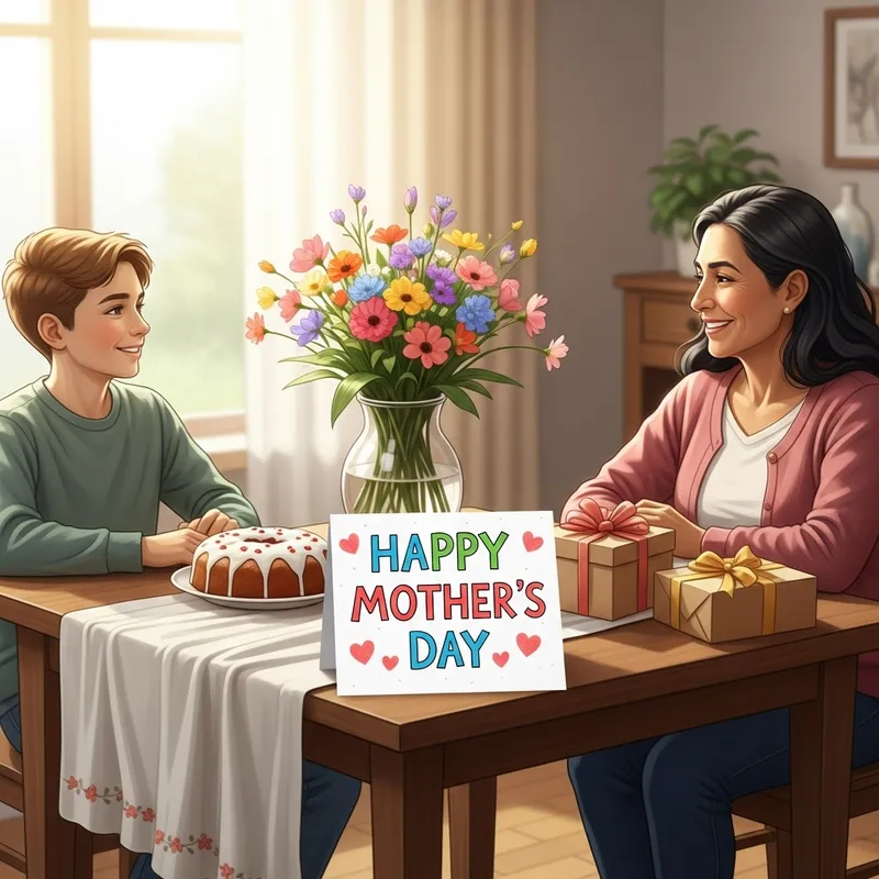 Heartwarming Mother's Day Scene with Flowers, Cake & Gift Exchange