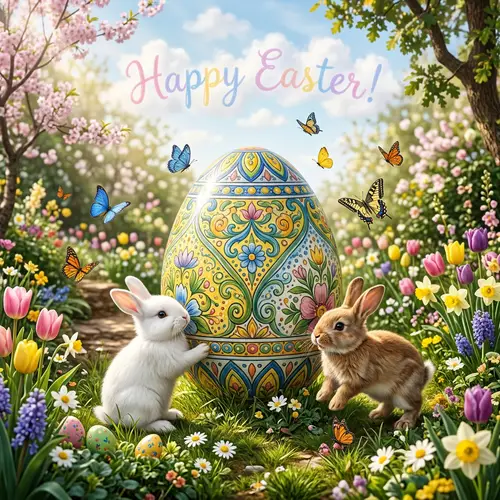 Vibrant Easter Egg with Bunnies in Lush Garden | Happy Easter!