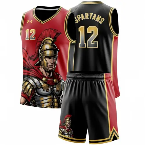 Roman Warrior Basketball Uniform in Red, Black, and Gold