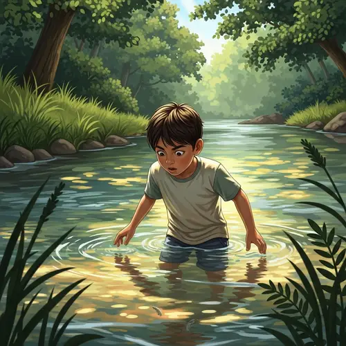 Young Hispanic Boy Adventurously Wading in Rich River