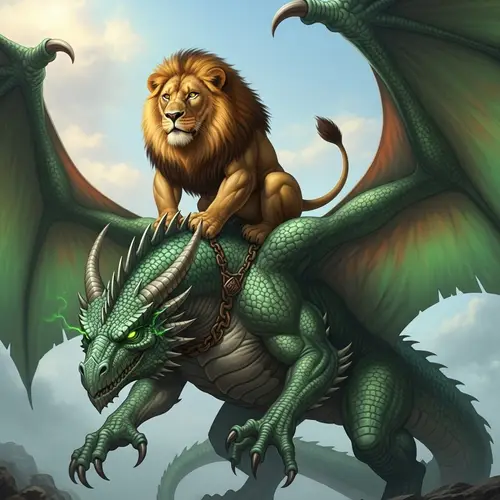 Majestic Lion Seated on Mighty Dragon | Fantasy Harmony