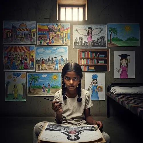 Empowering Creativity: South Asian Girl in Cell with Drawing Tools
