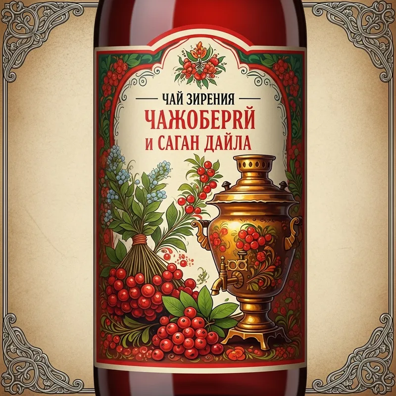 Vintage Russian Folk Art Cranberry & Sagan Daila Tea Label