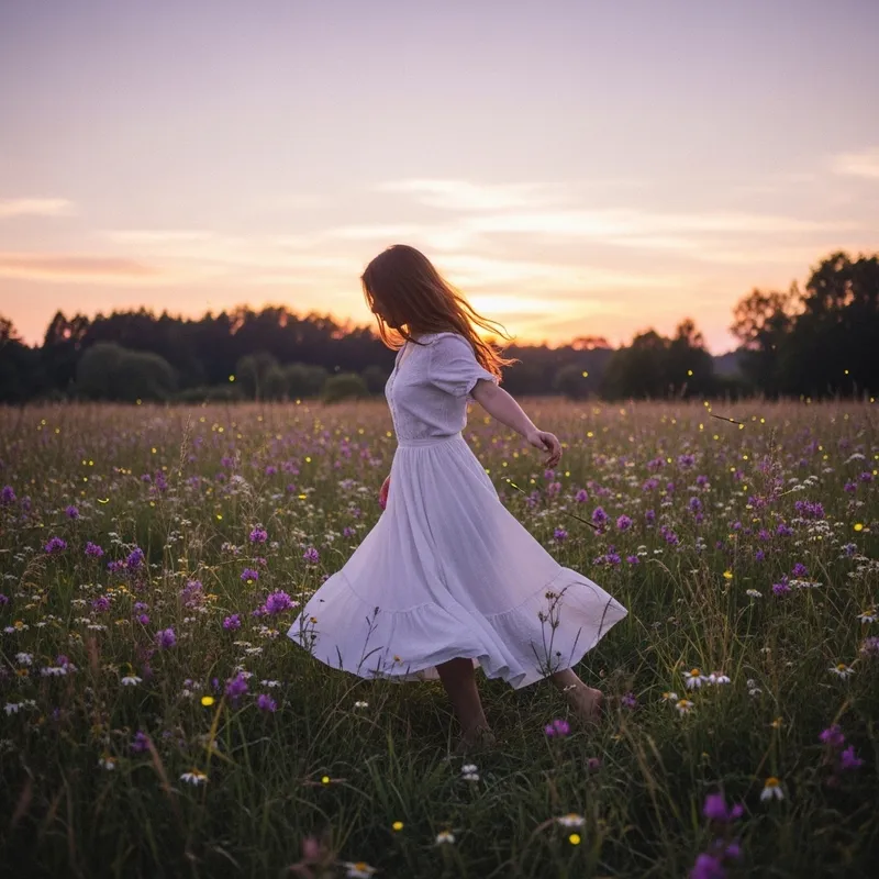 Dancing in a Meadow: A Dreamlike Evening Scene
