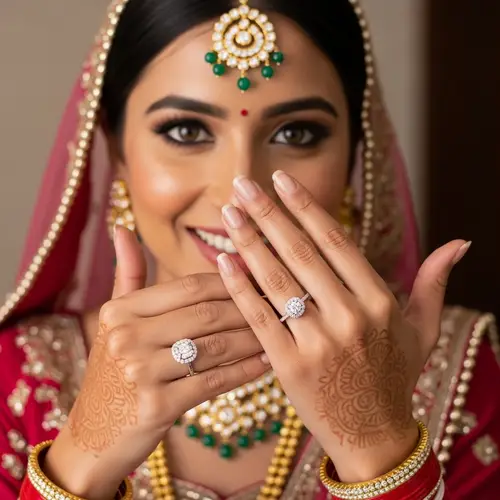 Elegant Halo Engagement Ring on South Asian Bride