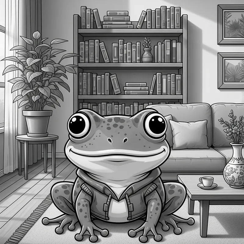 Cute Froggy in Cozy Home - Black and White Image
