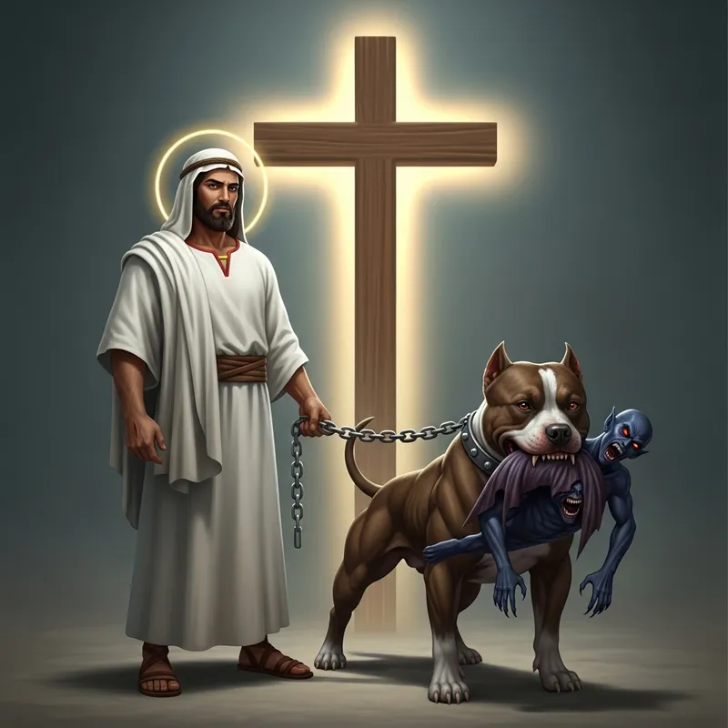 Divine Tranquility and Ferocity: Jesus with Pit Bull, Cross, and Devil