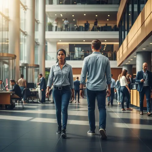 Female Bodyguard Protecting Male Client in Modern Office Lobby