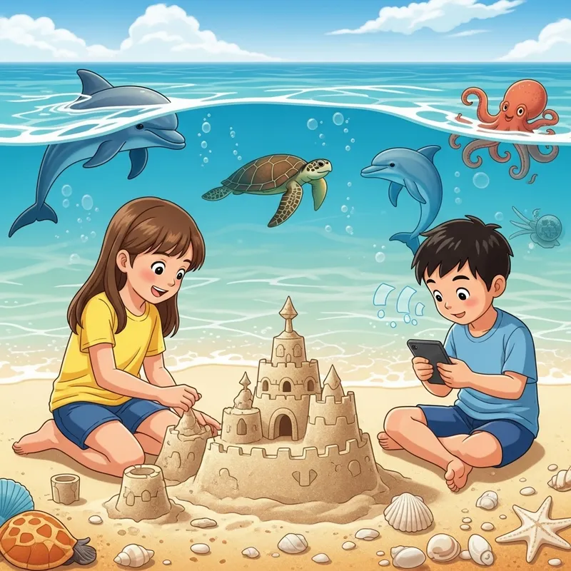 Joyful Beach Scene with Sandcastle, Dolphins, Turtle, and Octopus