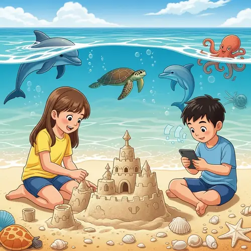 Idyllic Beach Scene with Sandcastle, Dolphins, Turtle, and Octopus