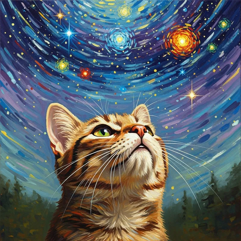 Impressionist Cat Gazing at Colorful Starry Sky