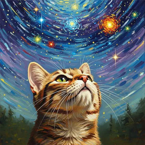 Impressionist Style Image of a Cat Gazing at Colorful Stars