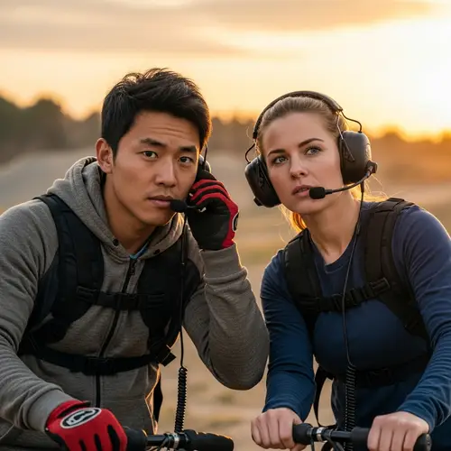 Intense Asian & Caucasian Extreme Sports Partners in Headset Strategy