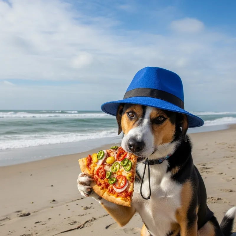 Dog Eating Pizza by Beach with Blue Hat
