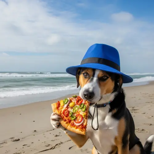 Dog in Blue Hat Enjoying Pizza on Beach
