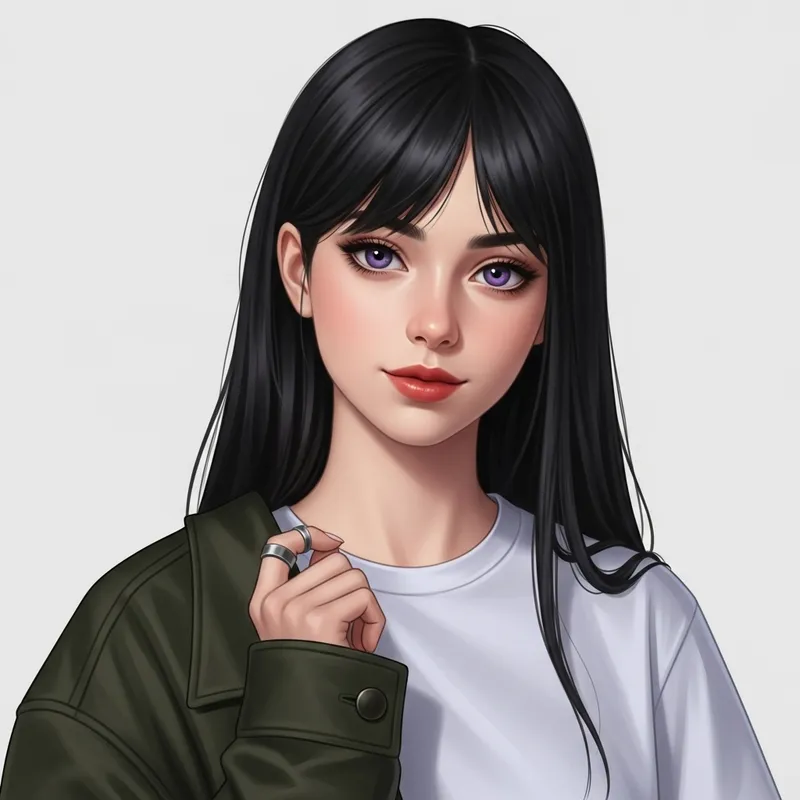 Stunning European Girl with Long Black Hair and Purple Eyes