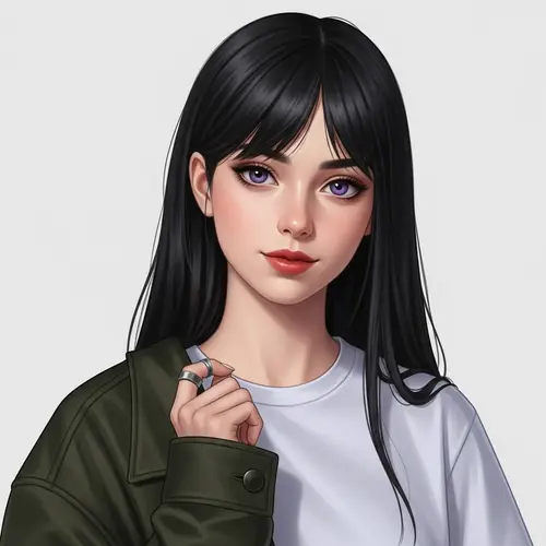 Captivating European Girl with Purple Eyes and Dark Green Jacket