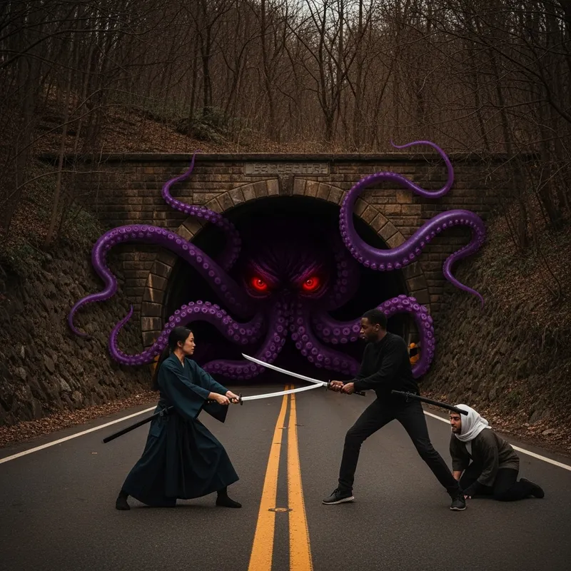 Intense Samurai Duel in Tunnel with Terrifying Octopus