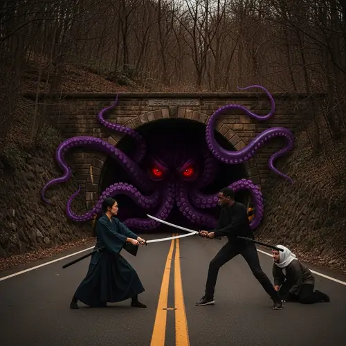 Fierce Samurai Battle in Tunnel with Menacing Octopus