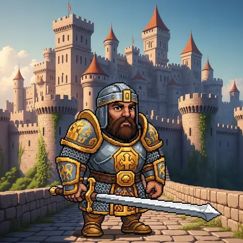 Pixelated Male Dwarf Cleric in Ancient Stone Castle
