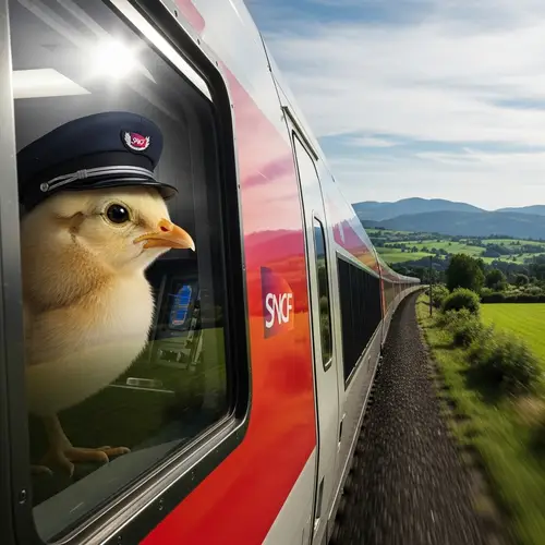 Photorealistic Chick Driving Train with SNCF Conductor's Cap