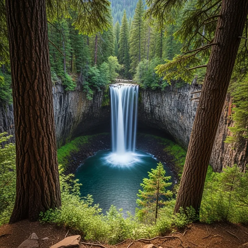 Majestic Circular Waterfall and Towering Trees - Natural Beauty