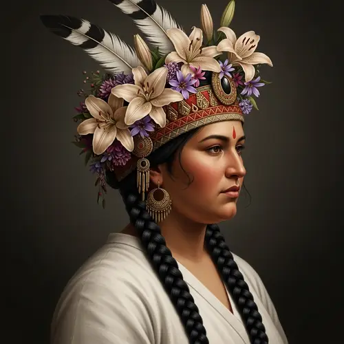 Hyperrealistic Antique Portrait of South Asian Woman with Floral Adornments