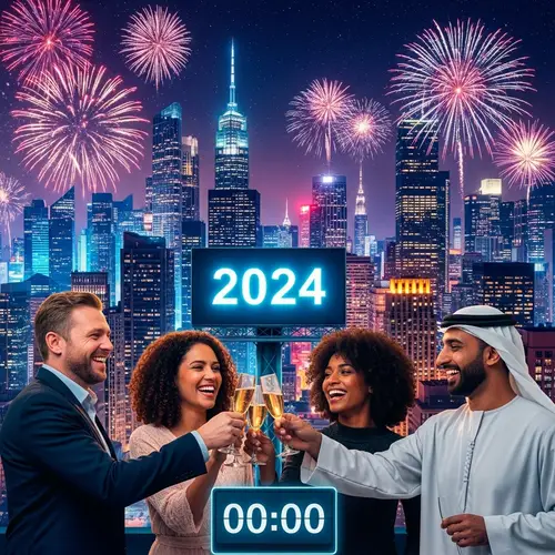 Vibrant New Year 2024 Celebration in Cityscape | Fireworks & People Toasting