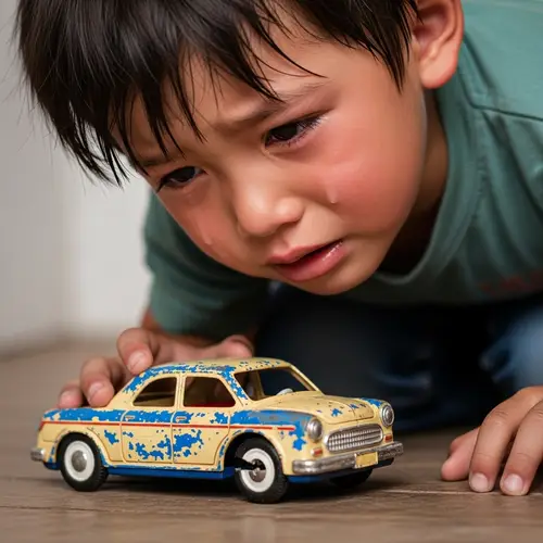 Distressed Asian Boy with Toy Car - Heartbreaking Scene