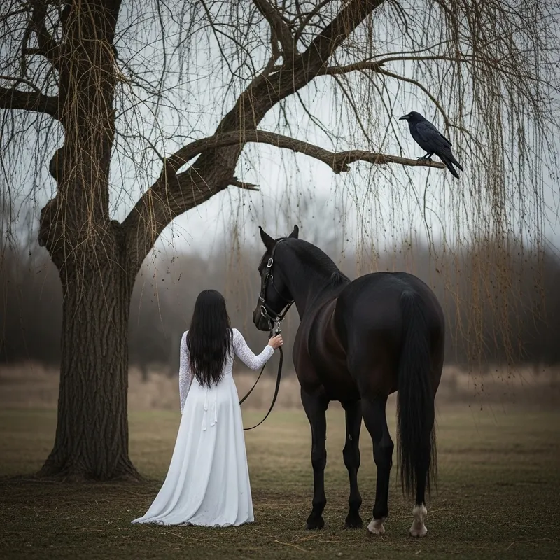 Mysterious Girl in White Dress with Black Horse by Willow Tree Mysterious Girl in White Dress with Black Horse by Willow Tree