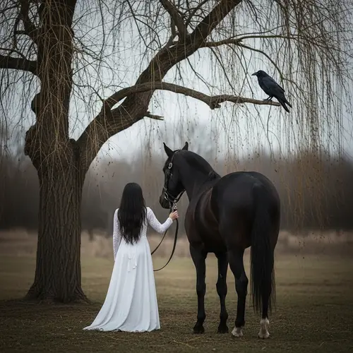 Young Hispanic Girl with Black Horse by Willow Tree