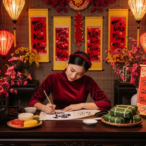 Vietnamese Woman Immersing in Tet Festivities | Artwork Focus