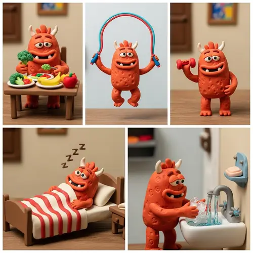 Playful Clay Monster Demonstrating Healthy Habits