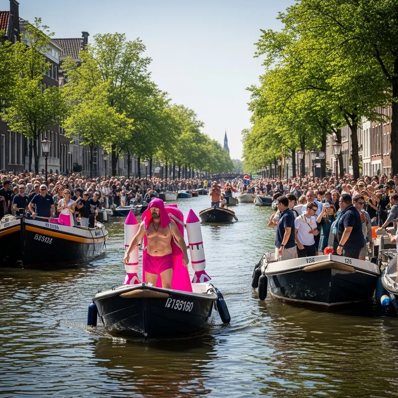 Colorful Sinterklaas with Jet-Pack at Amsterdam Canal Pride