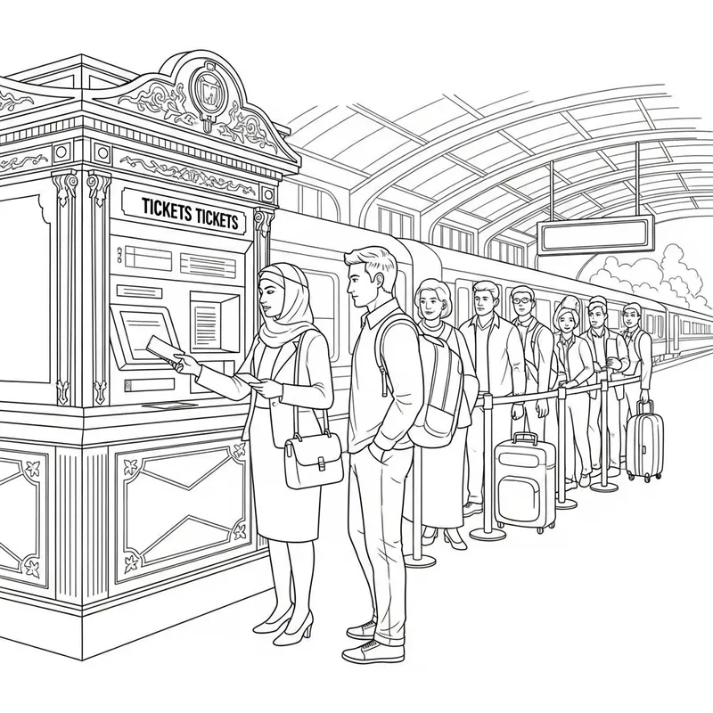 Train Ticket Booking Line Art Scene - Vintage Illustration