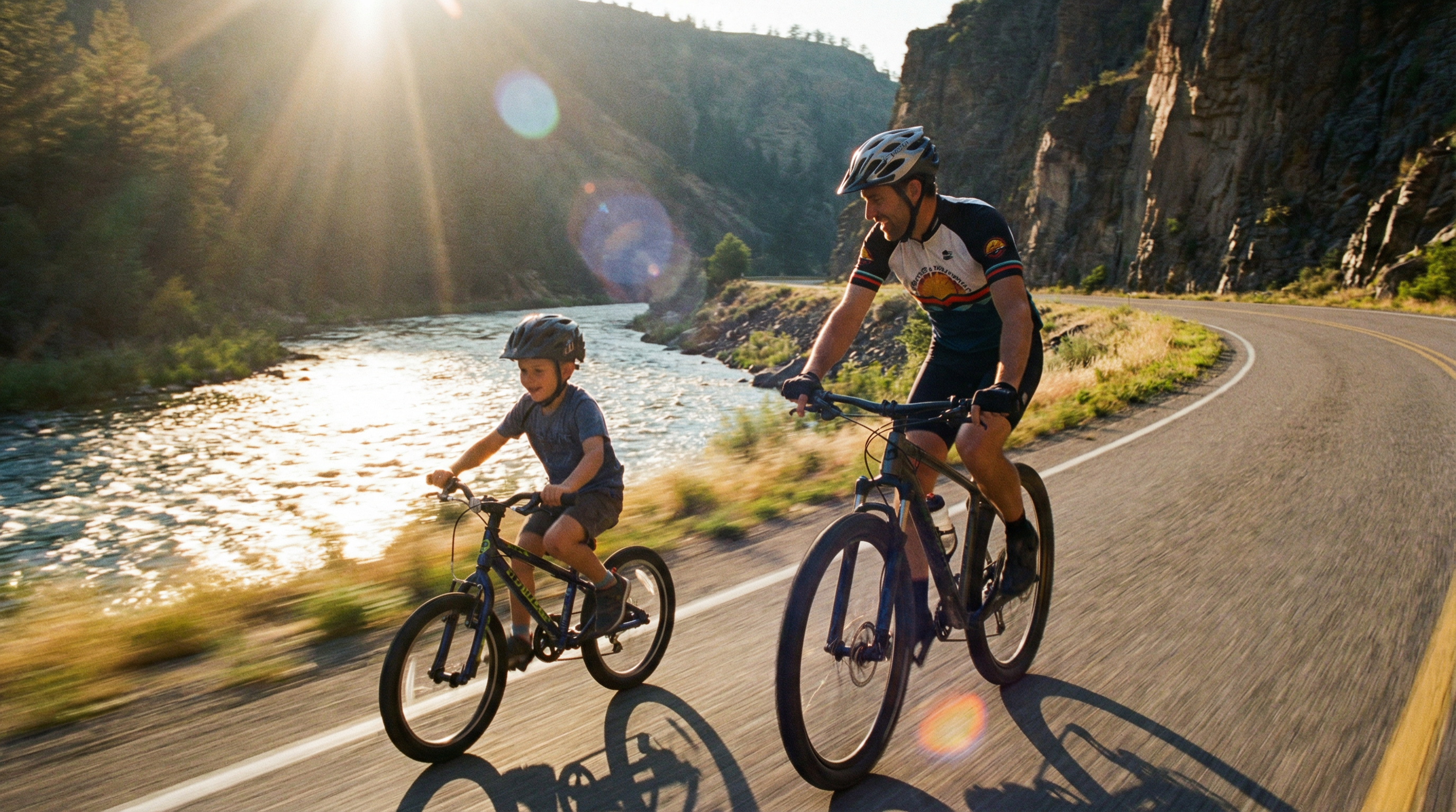 AI-generated image of a father and son cycling along a river road