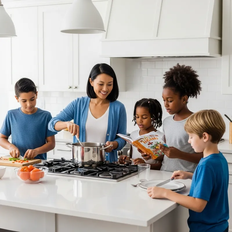 Family Cooking: Mom and 3 Kids Preparing Dinner Joyfully