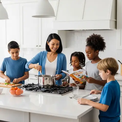 Family Cooking Time: Mom and 3 Kids Preparing Dinner Together