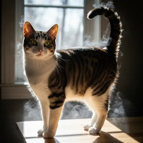 Emerald-Eyed Domestic Cat | White & Tabby Stripes | Sunlit Silhouette