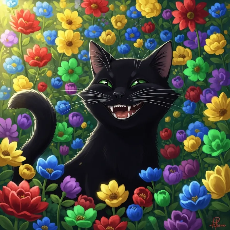 Smiling Black Cat Among Colorful Blooms